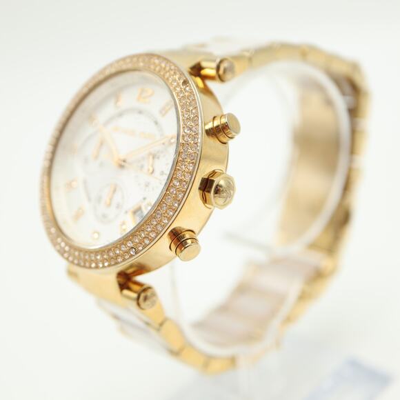 Michael Kors Womens White Gold Tone Chronograph Watch 39mm with New Battery - Picture 11 of 16